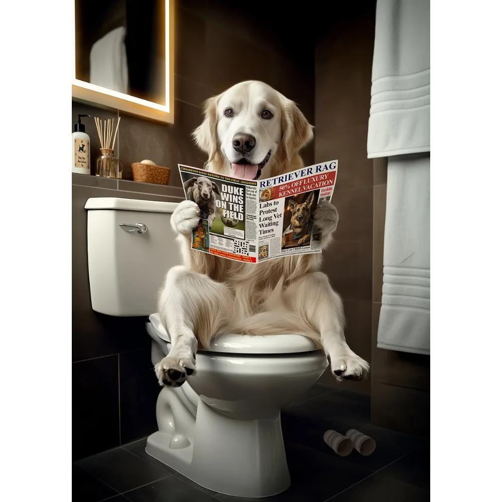 Funny Bathroom Poster Dog Reading Newspaper On Toilet Prints Pet Owner Gift Canvas Painting Wall Art Picture Home Bathroom Decor