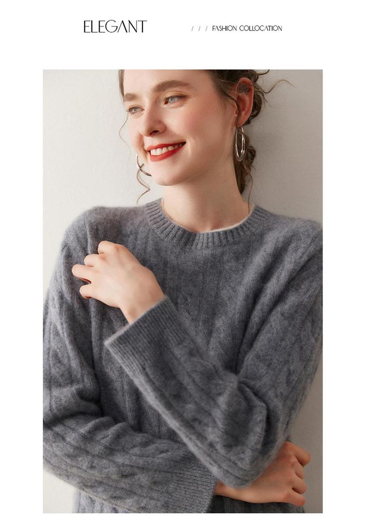 2025 A/W Cashmere Cable Knit Round Neck Sweater with White Trim