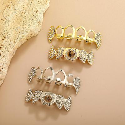European-American Hip-Hop Zircon-Inlaid Grillz with Hollow Zombie Tooth Design