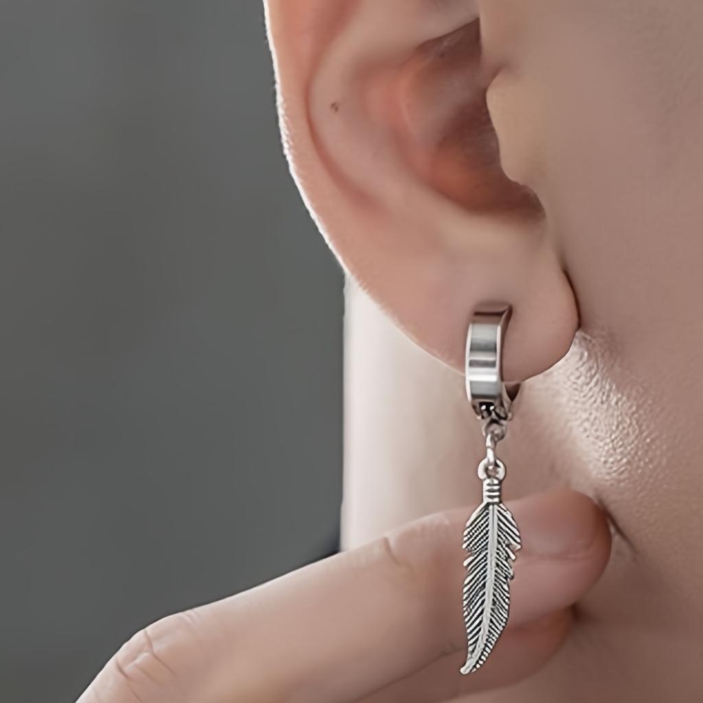 Stainless Steel Hip-pop Style Non Piercing Hoop Earrings Feather Pendant Ear Clips for Men Women Ear Daily Wear Jewelry