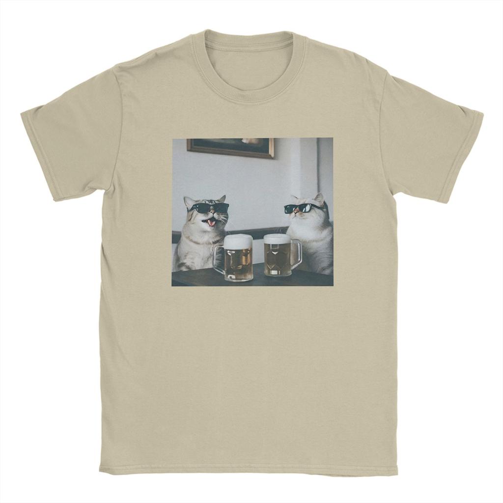 Funny Cool Cat Drinking Beer T Shirt Men Pure Cotton Hipster T-Shirt Round Collar Tees Short Sleeve Clothes Plus Size