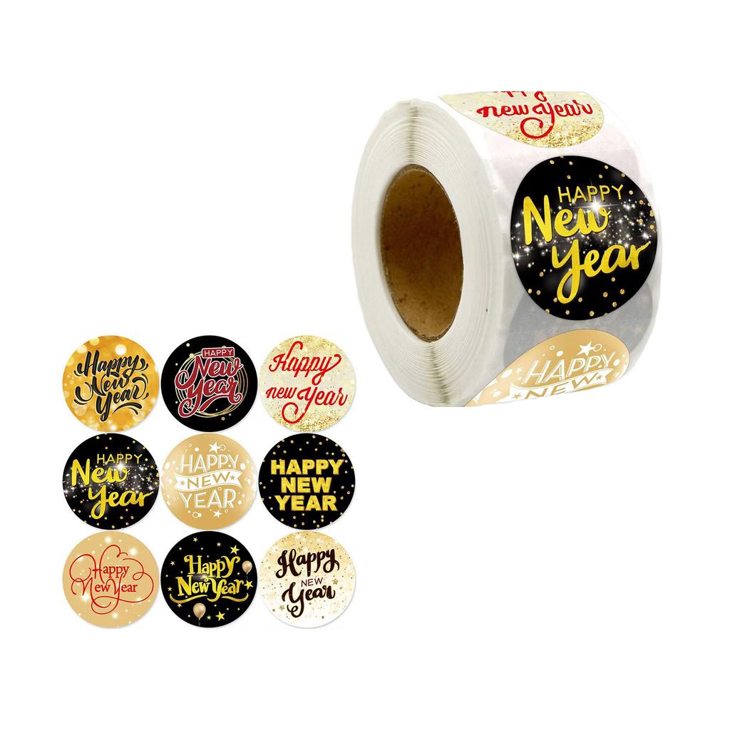 500 Counts Happy New Year Sticker Round Sealing Sticker for Christmas Card Letter Envelope Self-Adhesive Wrapping Labels