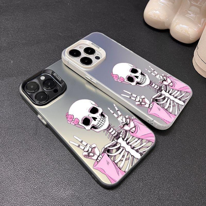 Cute Pink Flower Skeleton Phone Case, Peace Sign Skull Print, Shockproof Matte Phone Cover
