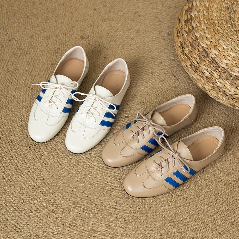 Fashion Women's new leather cowhide spring and autumn lace up low heel oversized comfortable casual round toe sports single shoe