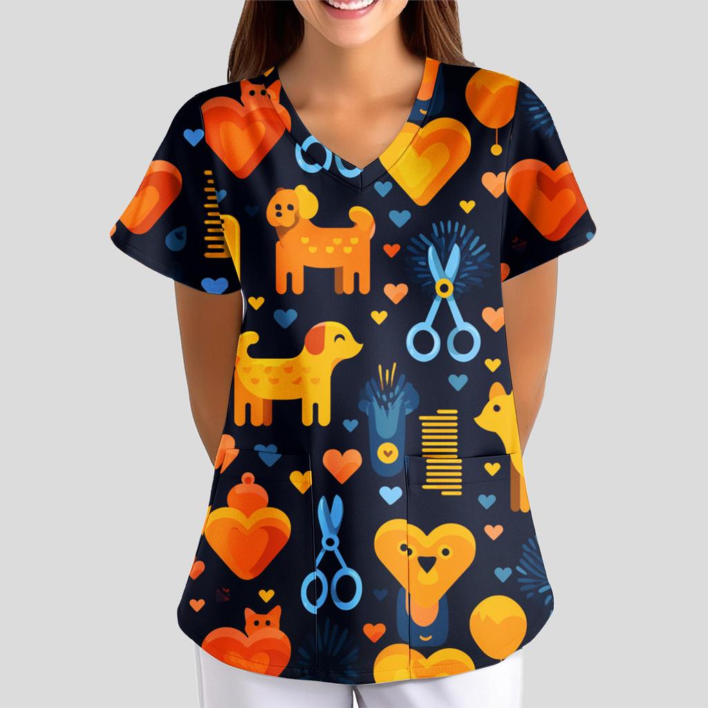 Women's Cartoon Cute Print Loose V-Neck Pocket Short-Sleeve  Uniform