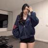 Women's Oversized Hooded Zip Up Hoodie Letter Patch Embroidery Long Sleeve Casual Streetwear Cardigan Jacket