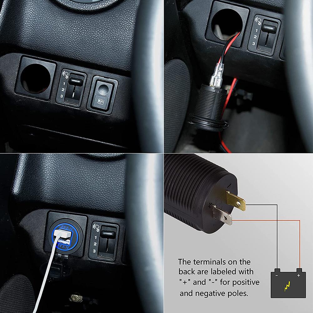 12V 24V Dual USB Charger Socket Power Outlet 2.1A & 2.1A for Car Boat Marine RV Mobile with Wire Fuse DIY Kit Blue Red Green LED