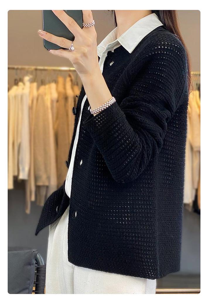 Women's Pure Wool Knit Cardigan Sweater: Loose, Round Neck, Hollow-Out Design