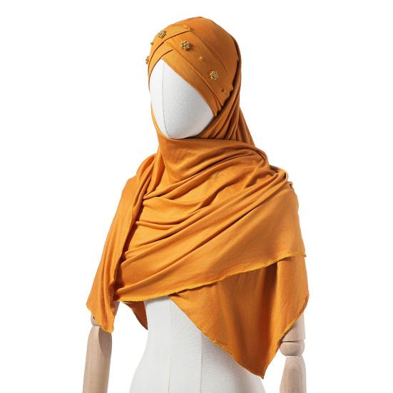 Headscarf Hat with Bright Bead Pleated Design Solid Color Shawl