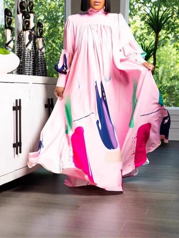 Holiday Style Stand-up Collar Back Neck Water Drop Hollow Button Lantern Long Sleeve Loose Pendulum Silhouette Full Body Print Dress