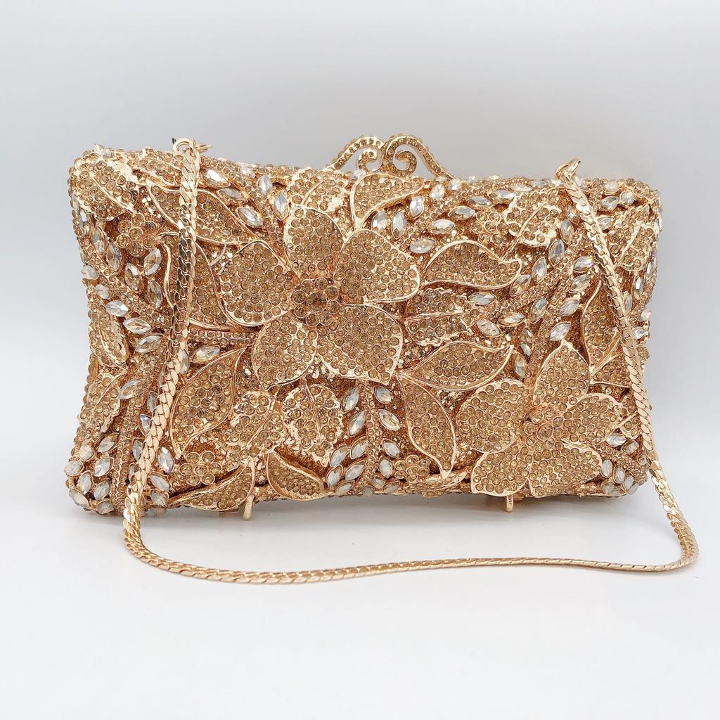 WHTUOHENG-Bolsos de Mano de Noche Florales para Mujer Bolsos de Metal Duro con Cristales Bolso de Mano con Diamantes Bolso de Mano para Fiesta Damas Champagne Plateado