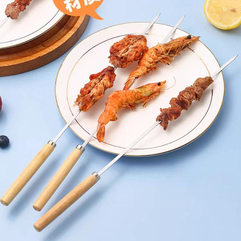 10 Adet Ahşap Saplı Haşlanma Önleyici Barbekü Şişi Yeniden Kullanılabilir 304 Paslanmaz Çelik Metal Barbekü Şişi Geniş Şişler