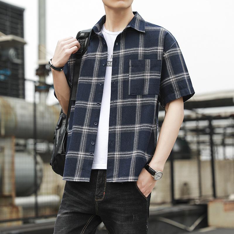 Summer Port Style Loose Lapel Men's Checkered Short-sleeved Shirt Fashion Brand Youth Casual Shirt Men's Cardigan Trend