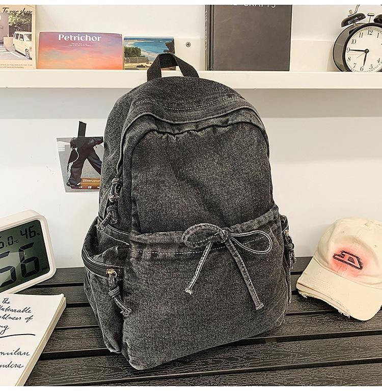 Retro Japanese washed denim backpack for women, simple and versatile, student casual backpack, Harajuku style canvas backpack