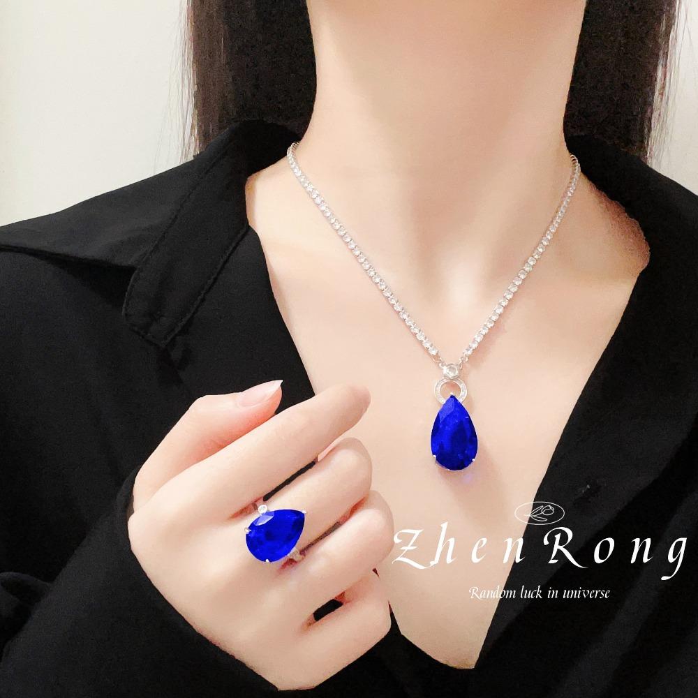 Luxury Women Jewelry Set Blue Sapphire Pendant Necklace Vintage French Style Drop Earrings Ring Gemstone Gift Set