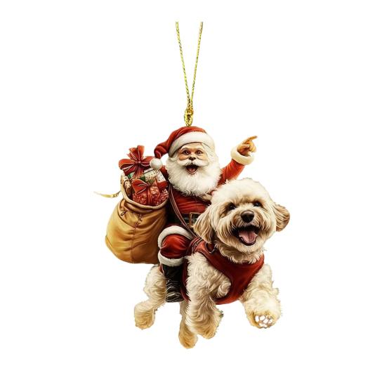 Santa Claus Dog Christmas Ornaments Funny Santa Claus Riding Puppy Ornaments 2D