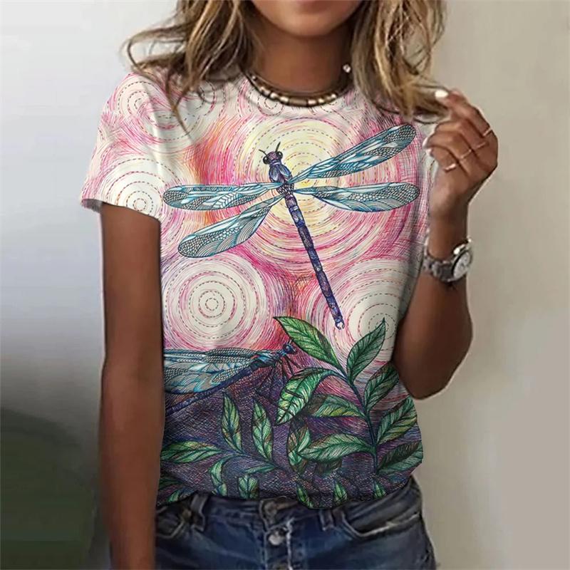 3D New Flower Dragonfly Printed Women's T-shirt Women's Summer Street Beautiful T-shirt Short Sleeve