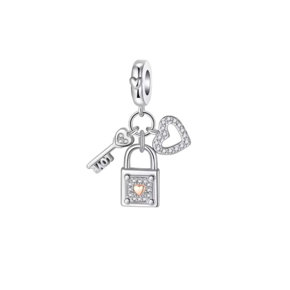 Charms Lucchetto Chiave in Argento 925 Ciondoli a Forma di Cuore per Bracciale Gioielli Fai da Te Regalo