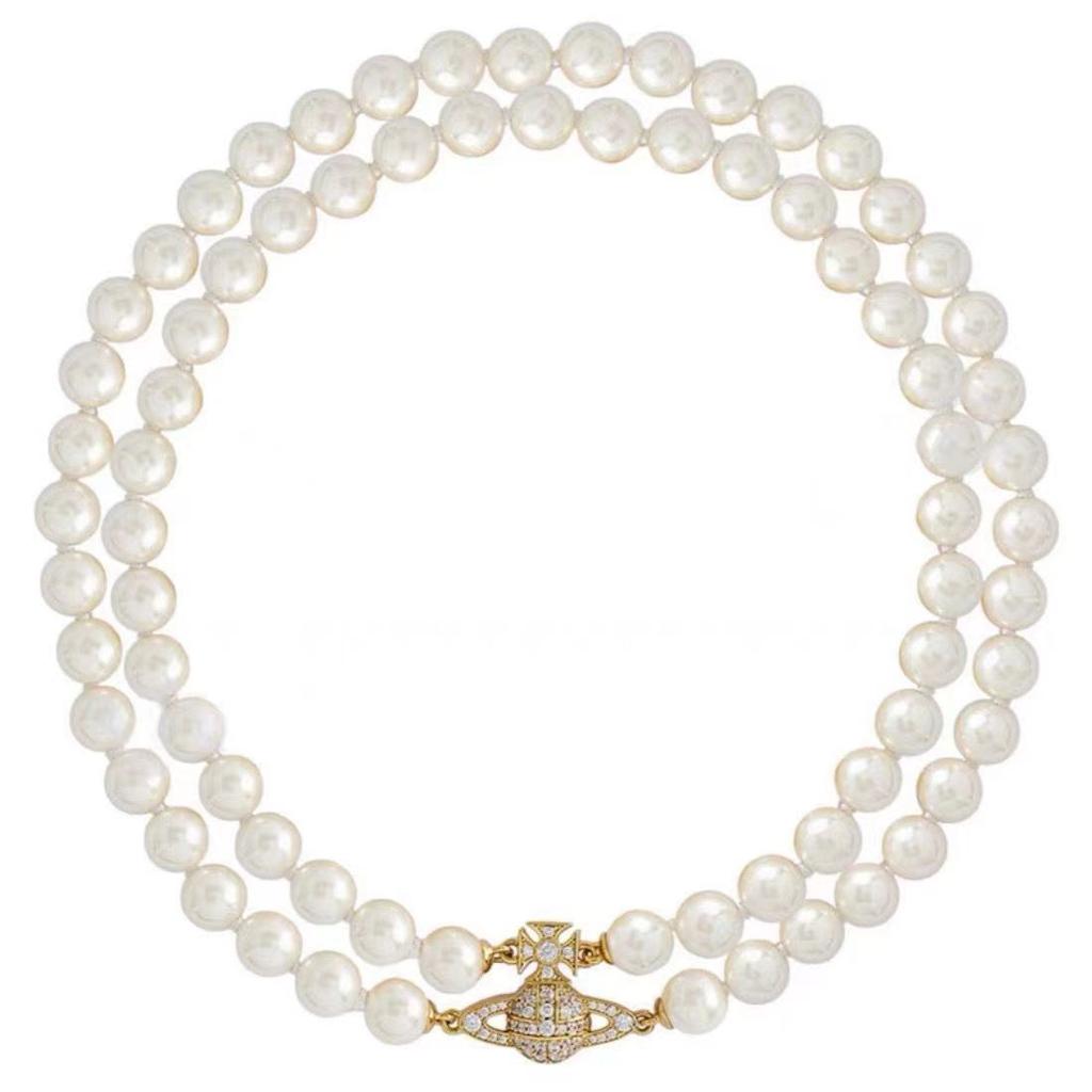 Planet Saturn double pearl necklace female choker light luxury high-end accessories multi-layer niche collarbone neck chain