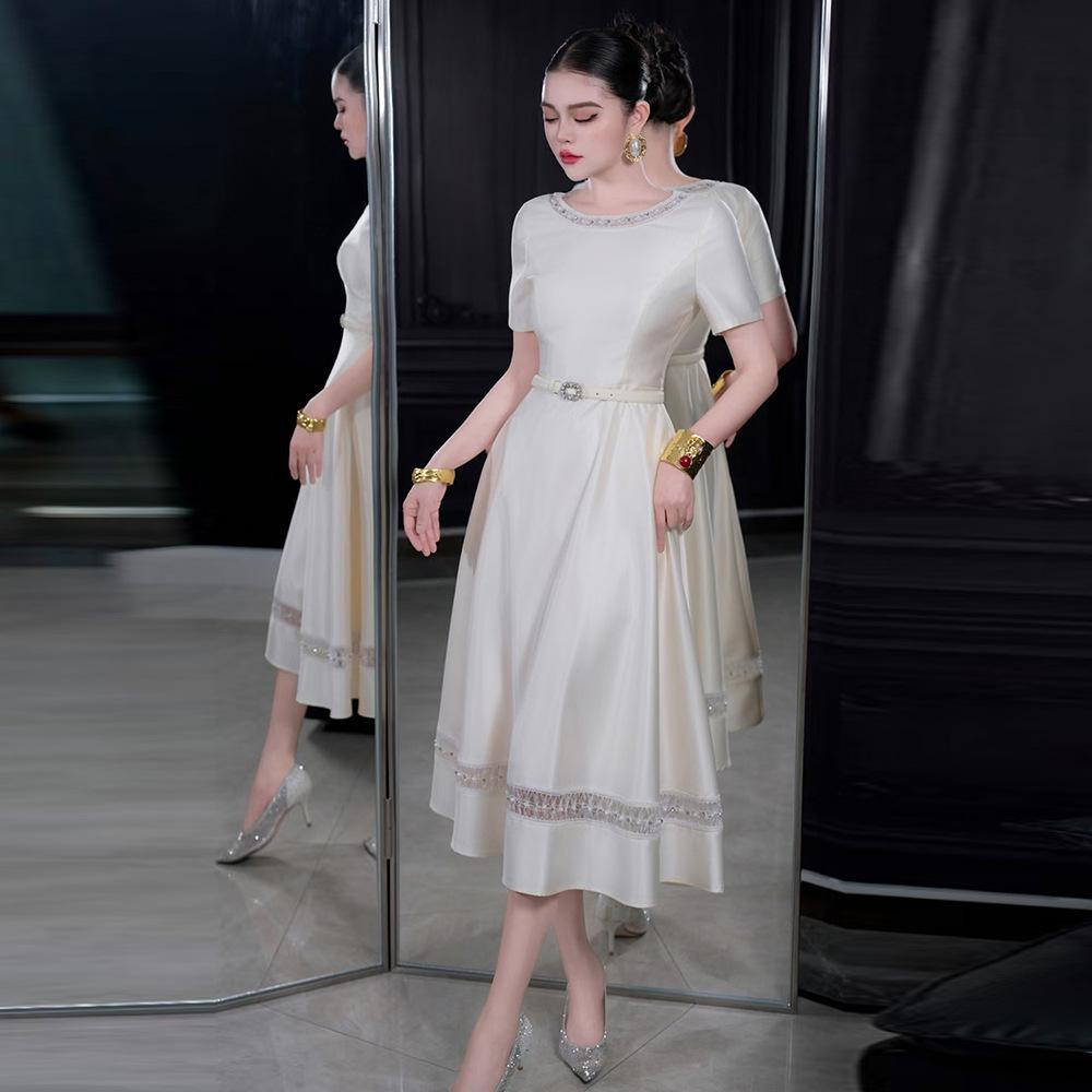 

Summer 2026 Nanyou Elegant Socialite Round Neck Cropped Waist Short Sleeve Dress - Women s Slimming A-line Skirt M абрикосовый