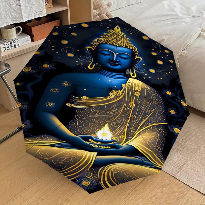 1PC Buddha Lotus Automatic Open/Close Umbrella with Windproof, 8-Rib Sturdy Canopy, Durable Ribs, Fashionable Design, Outdoor Accessory, Fun Prin, Hol
