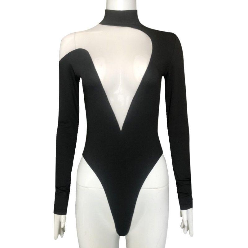 2024 Spring New Women's Clothing Ins Fashion Sexy Sexy Deep V Mesh Stitching Long Sleeves Jumpsuit Gymnastics Jumpsuit