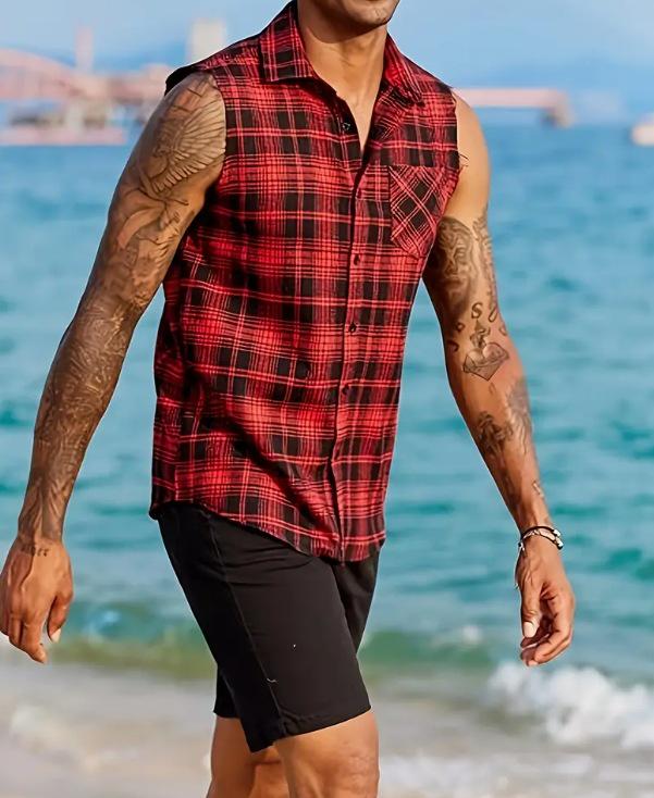 Cross-Border Men's Plaid Sleeveless Shirt with Tassel Design