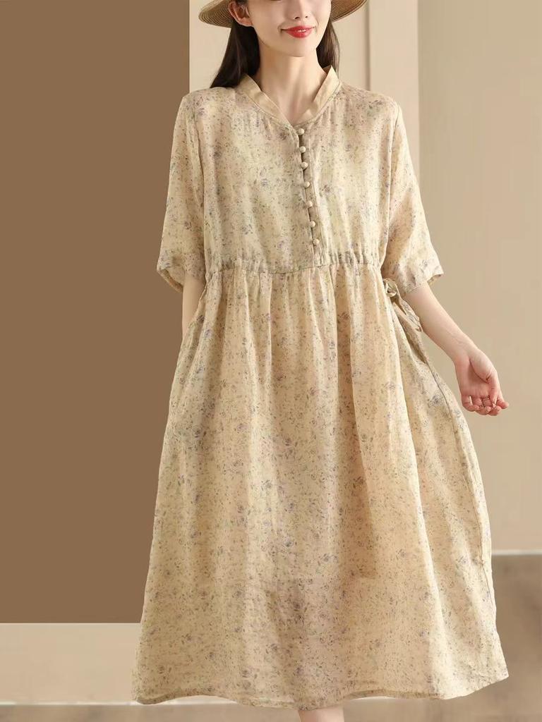 Johnature Women Vintage Dress Print Floral High Quality Stand Half Sleeve Chinese Style Cloths Summer Dress