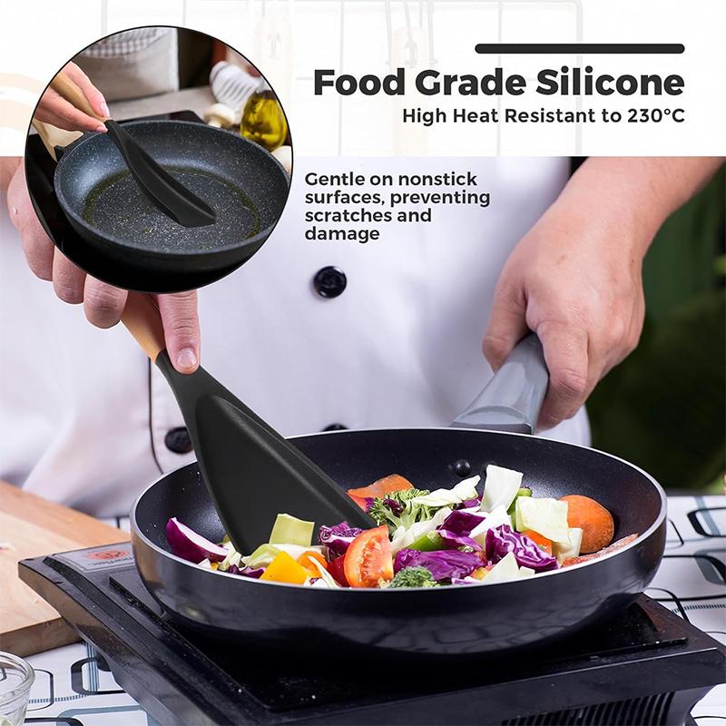 Japanese Style Silicone Spatula - Wood Handle, Heat Resistant, Non-Scratch, for Cooking, Baking, Salad, Popcorn, Dishwash