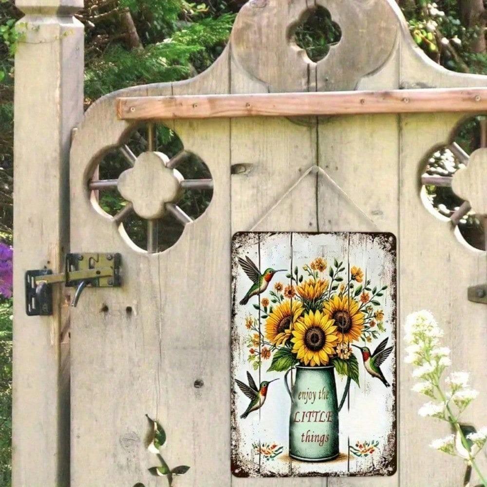 1PC Rustic Sunflower Metal Tin Sign, 2D Flat Hummingbird Plaque with Enjoy The Little Things Quote, Farmhouse Wall Decor