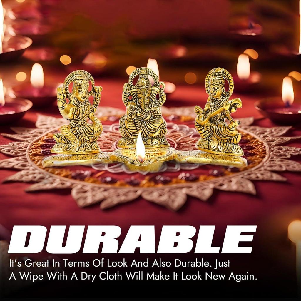 God Idols for Pooja | Metal Antique Ganesh laxmi Saraswati Sculpture Murti for Home Decor | Decorative Platter with Diya Ganpati
