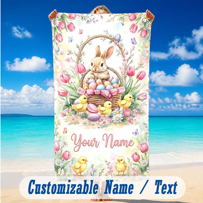 Easter Bunny Theme Beach Towel Personalized Custom Name & Text Soft Quick Dry Beach Towel for Swimming Travel