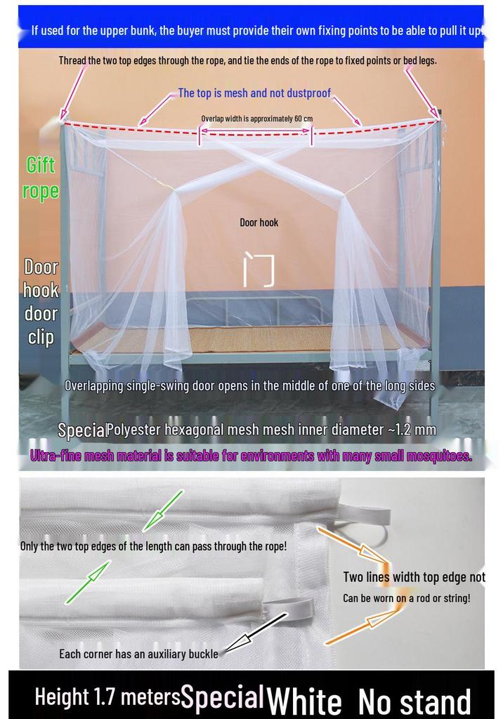 Free Shipping High-Density Mosquito Net for Dorm or Home, Single/Double Bed, with Hanging Rope and Extra Height