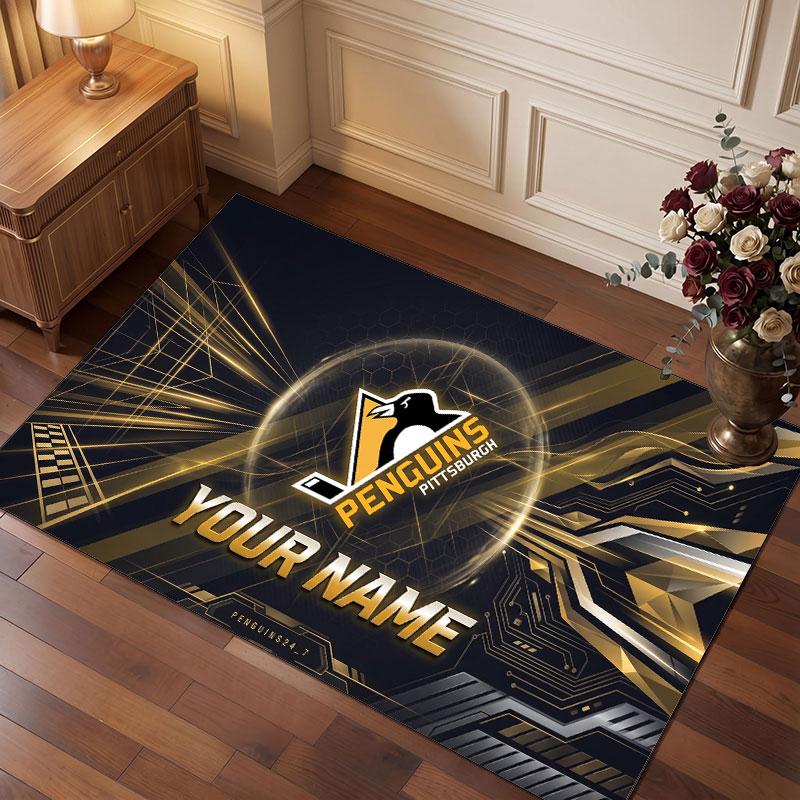 Pittsburgh Penguins Personalized Crystal Velvet Carpet, Customized Name Text Soft Anti‑Slip Rug for Living Room Bedroom