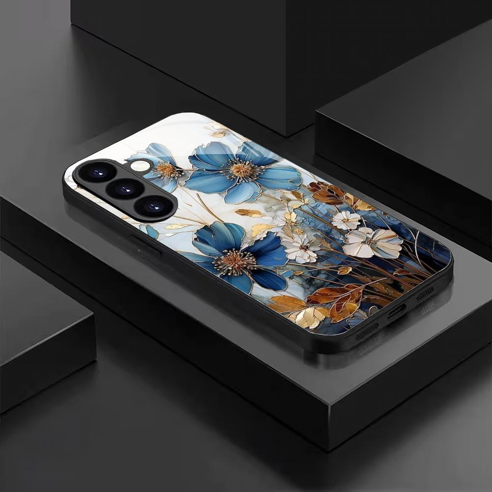 Blau-weiße florale gehärtete Glas Handyhülle geeignet für Samsung Galaxy S26 S25 S24 S23 S22 S21 S20 FE/Ultra/Plus sturzsicher