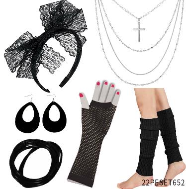 PESENAR 80s Fancy Dress Costume Accessories Lace Headband Earrings Fishnet Gloves Necklace Bracelet for 80s Retro Party