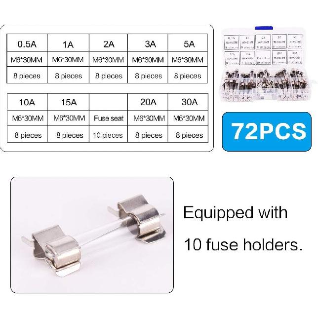 0.5A-30A 250V Fast-Blow Glass Tube Fuses Quick Blow Car Fuses Assorted Kit With Plastic Box 72Pcs 6X30Mm 10Pcs Fuse Seat Fast Acting For Car