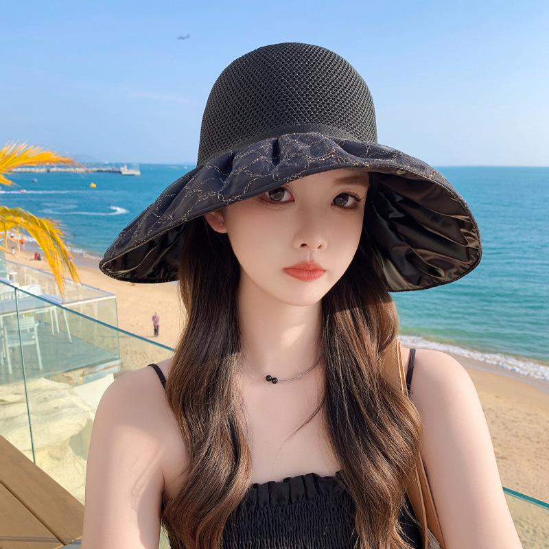 Summer new hat women's versatile knitted breathable color glue sun protection sun hat summer mesh bow sun hat