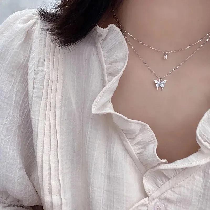 Elegant Necklace For Women Butterfly Necklace Shiny Double Clavicle Chain Pendant Anniversary Gift Jewelry Collares