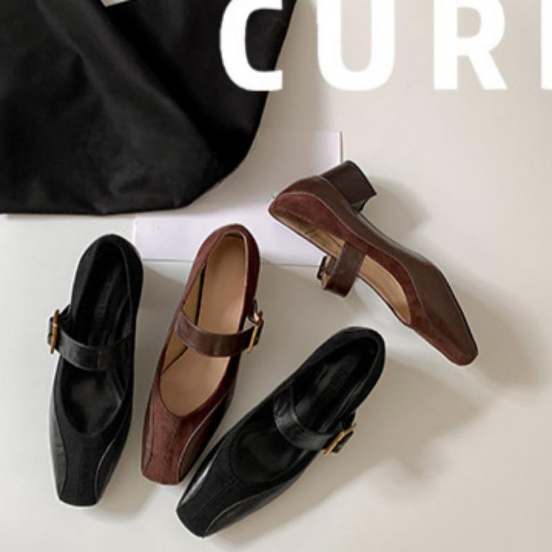 Mary Jane High Heels Women's Thick Heels One-strap Shoes Medium Heel Square Toe Small Leather Shoes
