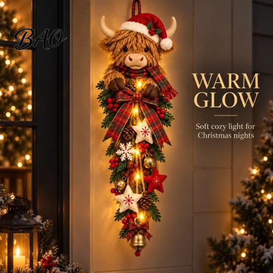 Holiday Plaid Ribbon Door Sign Lighted Highland Cow Christmas Swag, LED Hanging Decor with Decorative And Berries, Farmhouse for Front Entryway