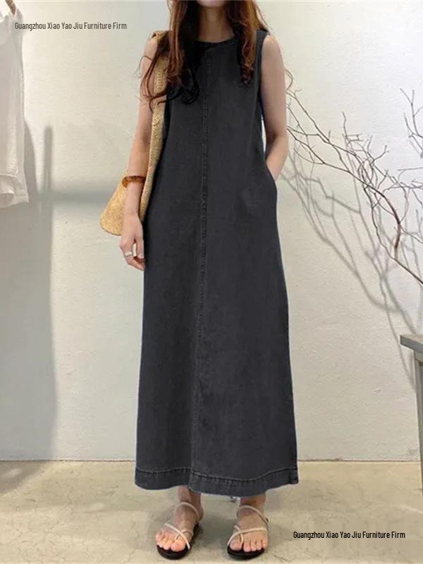 Women's Sleeveless Denim Long Skirt Dress with Pockets