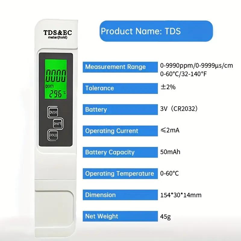4In1 Backlight Water Quality Detection Pen Household Drinking Water Purity Ec Meter High Accuracy Tds Meter 0-9990Ppm Digital