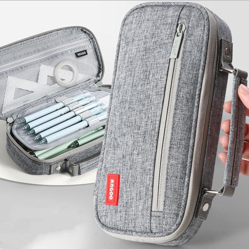 Portable Canvas Pencil Bag Student School Supplies Storage Bag Large Capacity Stationery Bag with Pen Holder Grid Belt Pen Case