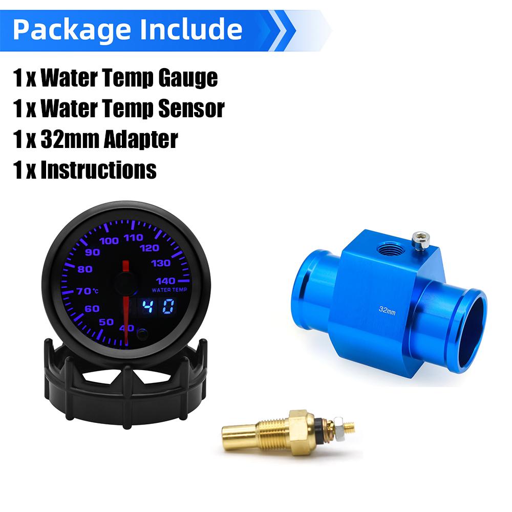 2“ 52mm Water Temperature Gauge 40-140 Celsius 7 Colors Backlight Water Temp Sensor Joint Pipe Sensor Hose Adapter For 12V Car