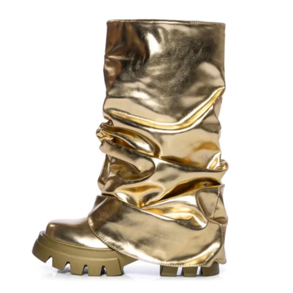 Women's Mid Calf Boots Thick Bottom Round Toe Runway Style Pleated Boots Women Platform Boots Gold Silver Large Size Shoes 2025
