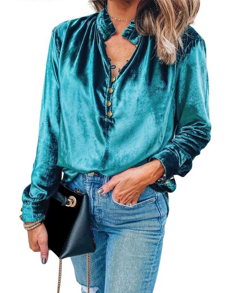 Azura Exchange Green Frilled Neck Buttoned Front Velvet Top