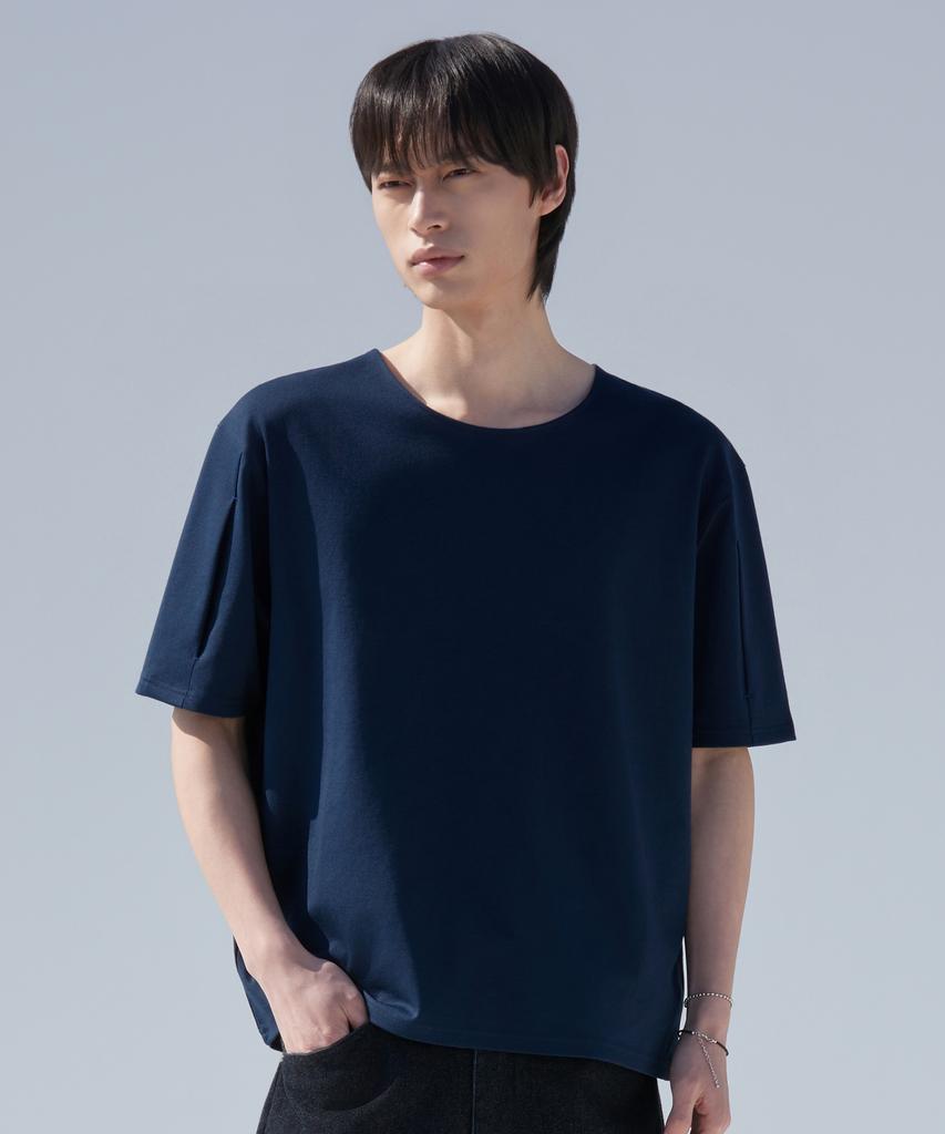 Dibeullu Tuck U-Neck Short Sleeve Navy