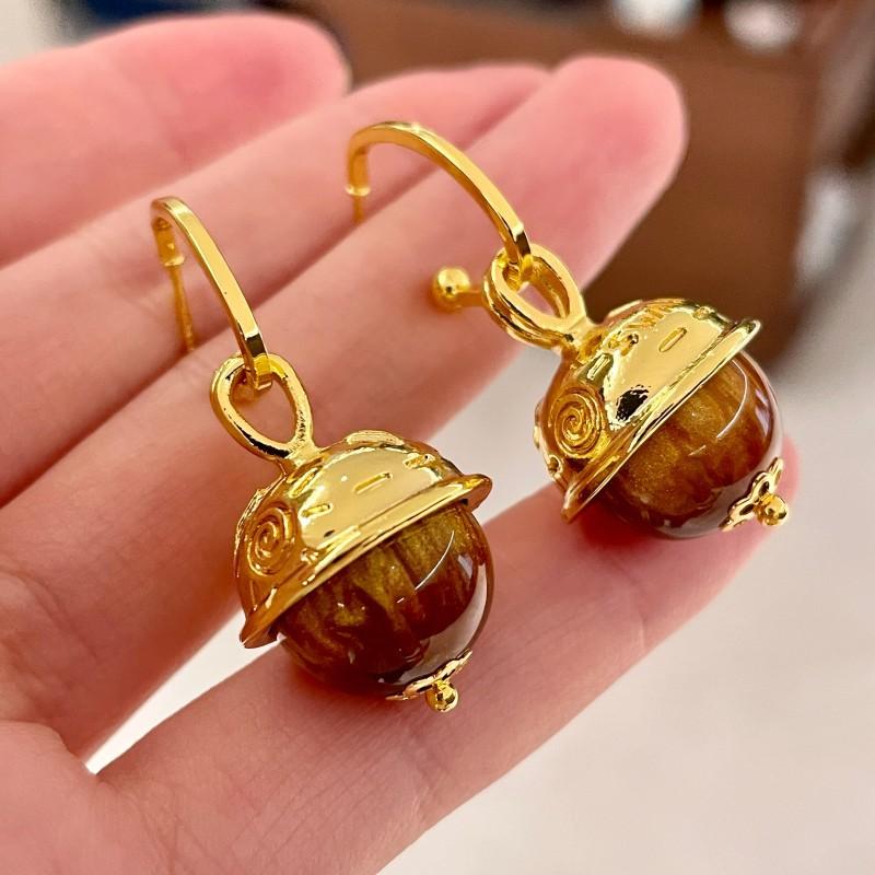 Natural tiger's eye stone series stud earrings for women Maillard exquisite retro earrings niche light luxury high-end temperament earrings