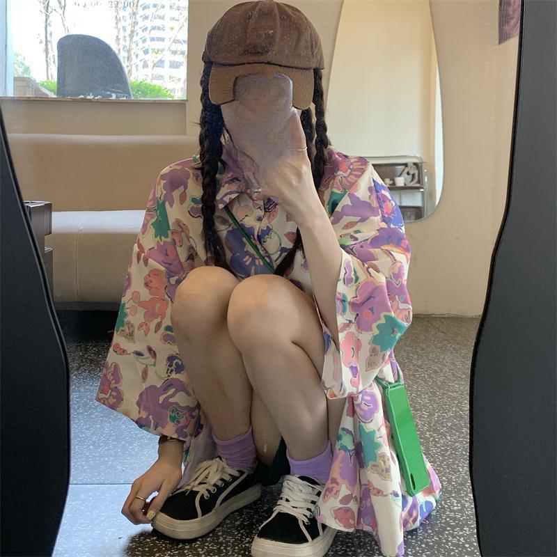 Color Blocking Printed Women's Shirt Summer Loose Casual Lady Short Sleeved American Short Sleeved Sunscreen Top